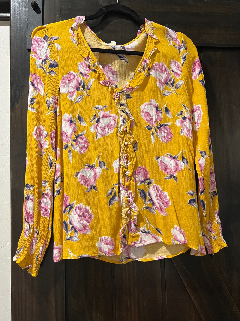 entro Mustard Floral Ruffle-Front Blouse